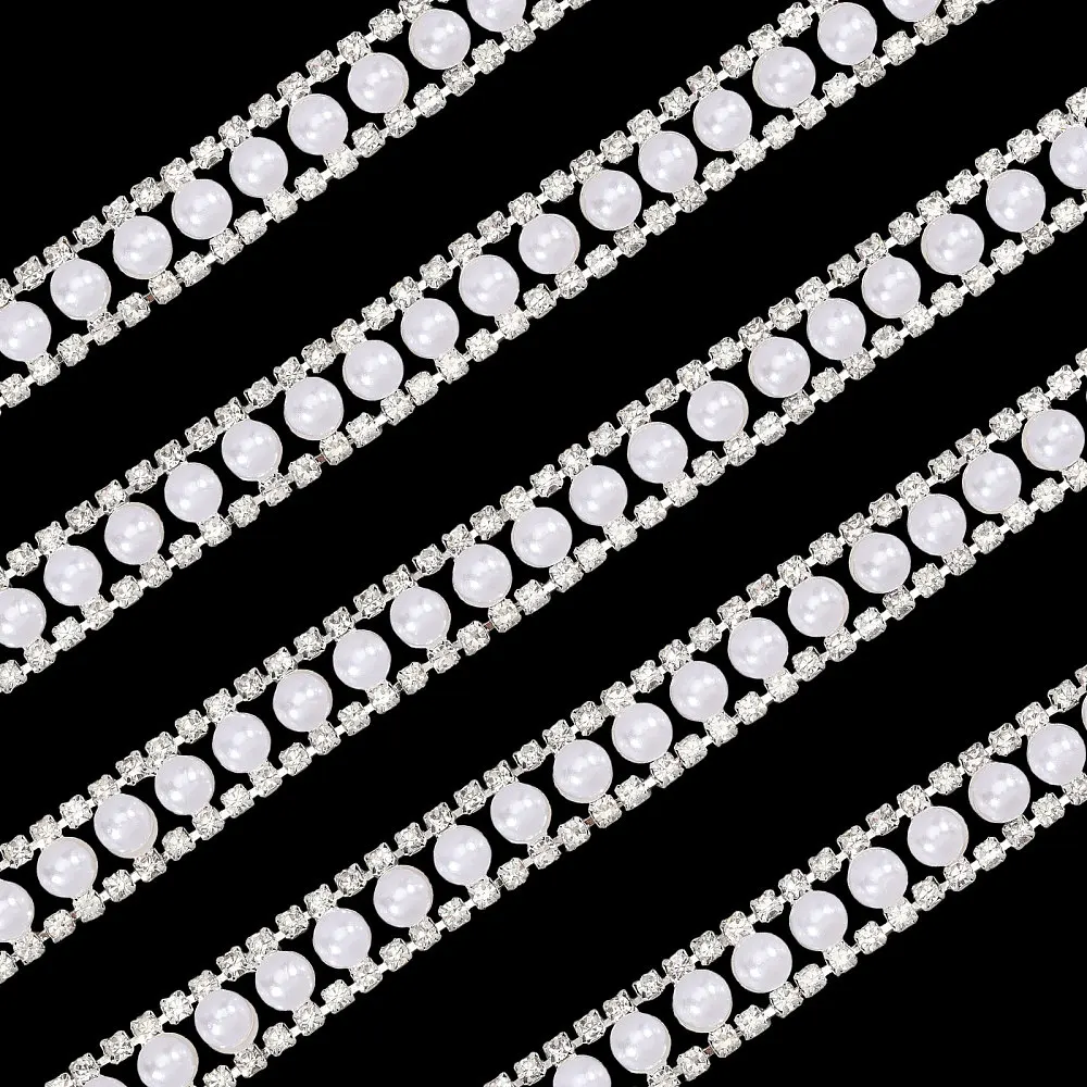 1Yard 1.15cm Wide Rhinestone Trim Applique Inlaid Pearl Chain Banding Beaded Chain Lace for Sewing Crafts Wedding Dress Clothing