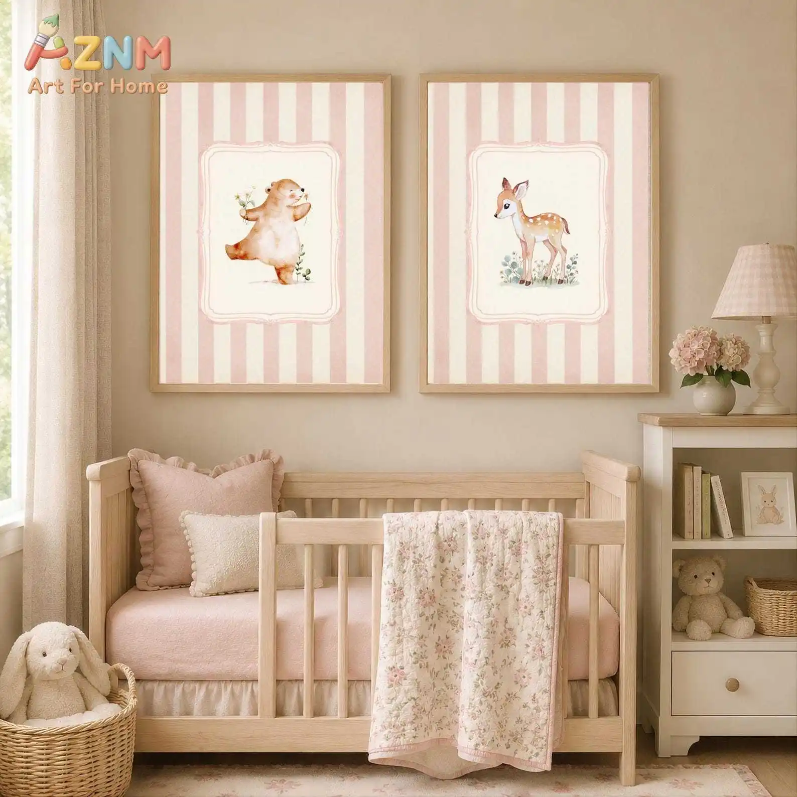 Woodland Nursery Prints Set of 2, Bear and Fawn Wall Art, Blush Pink Room Decor