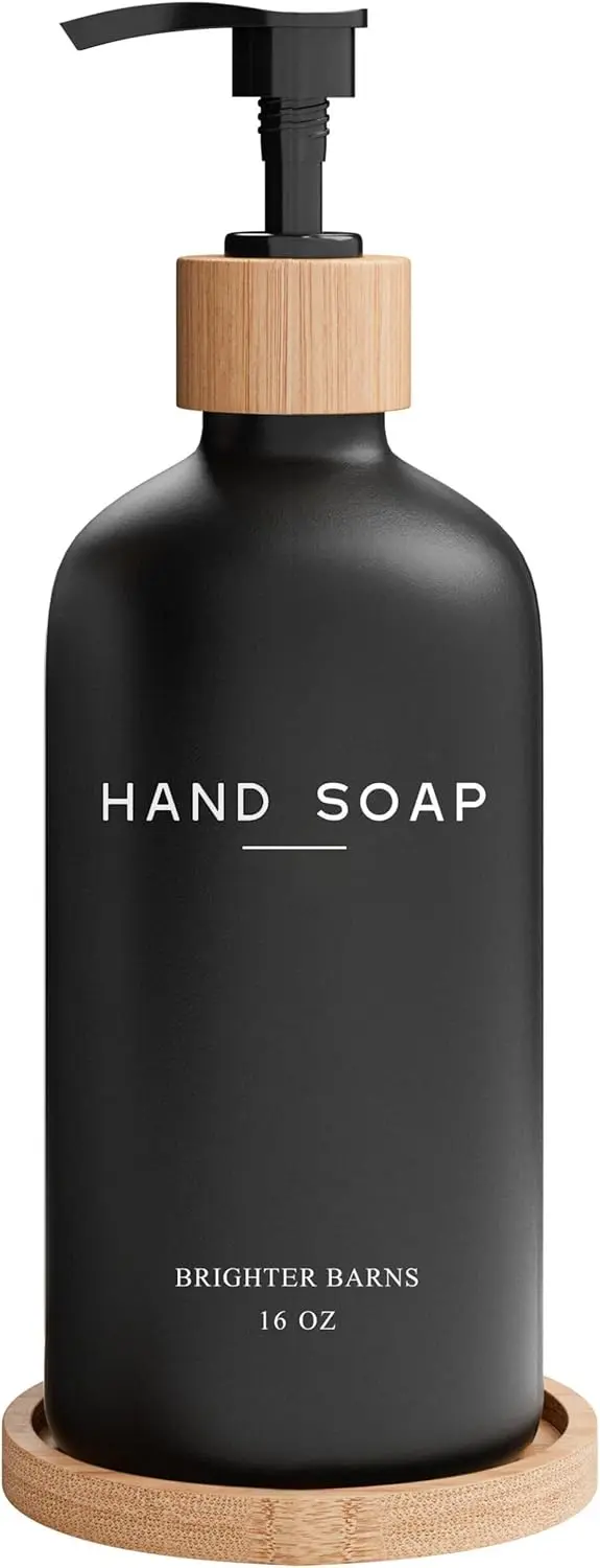 Black Glass Hand Soap Dispenser Set with Tray - Luxury Bathroom Accessories for Hotel, Vacation Rental, Restaurants