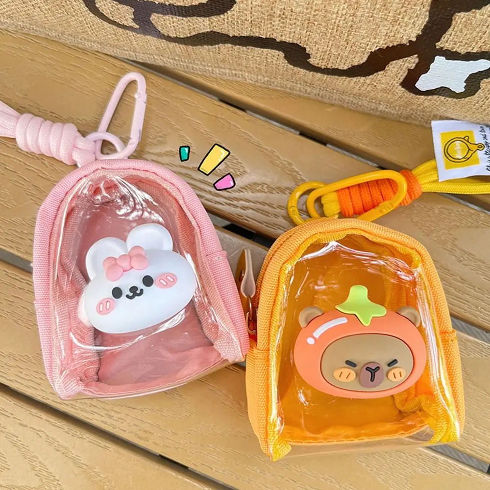 Capybara Transparent Pouch Keychain Panda Cartoon Mini Coin Purse Handle Rope with 3D Sticker Doll Outdoor Storage Bag Girls