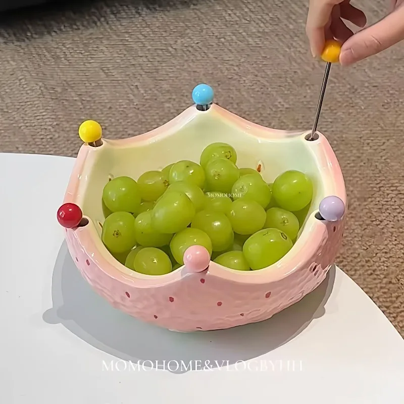 

Креативный милый поднос для фруктов с клубникой, вилка для фруктов, керамический поднос большой емкости, вилка для фруктов из нержавеющей стали, кухонные инструменты