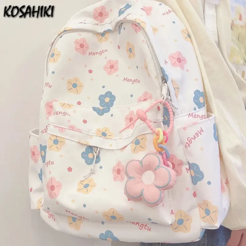 Korean Cartoon Print Floral Pendant Backpack Women Harajuku Y2k Student Preppy Schoolbags Japanese All Match Kawaii Backpacks