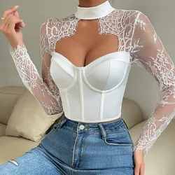 2024 New Style  Sexy Lace Women Long Sleeved T-shirt Bra Tube Tops Underwired Fishbone Corset Slimming Top  Youth Elegant