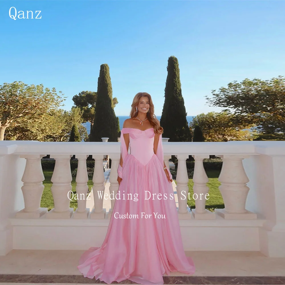 

Qanz Скромные платья Роскошные вечерние платья с открытыми плечами Розовое платье из органзы для выпускного вечера Длинные трапециевидные платья De Soirée по индивидуальному заказу