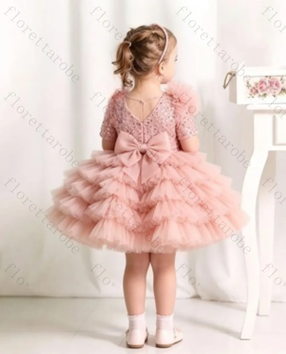 Customized Dusty Pink Short Sleeve Sequin Kids Tutu Dress Big 3D Flower Decor Multi Layer Ruffle Tulle Skirt Birthday Wedding