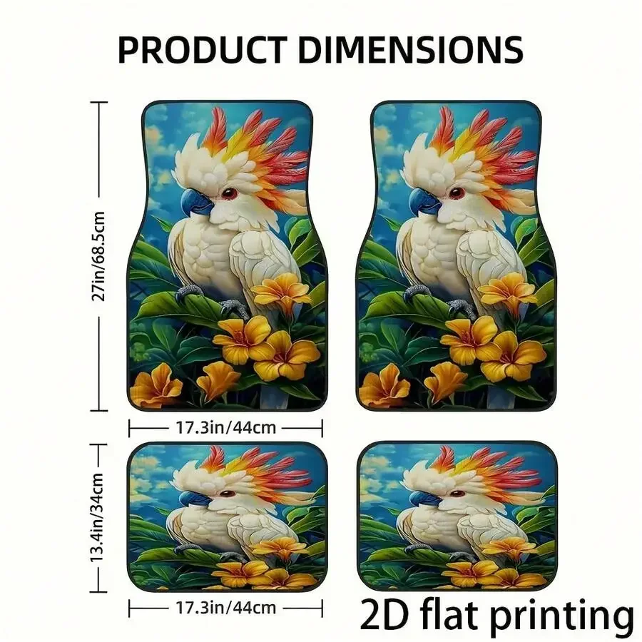 4pcs Car Floor Mats Tropical Parrot Floral Design Universal Polyester Fiber Automotive Interior Decor