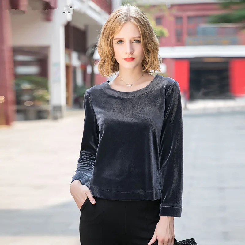      Fashion Women velvet shirt ,New Spring Autumn O-neck long sleeve Velvet blouse ,black blue velour