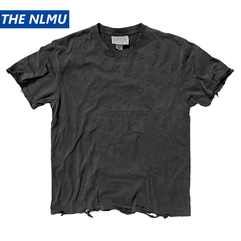 Men Punk Washed Distressed Destroyed T-Shirt Wasteland Style Handmade Ripped 100% Cotton Short Sleeve Tee Summer Top