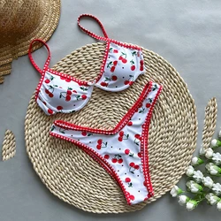Sexy Cherry Print Push Up Swimsuit Micro Thong Bikini 2025 Women Swimwear Underwired Bathing Swimming Suit Biquinis Bikinis Sets