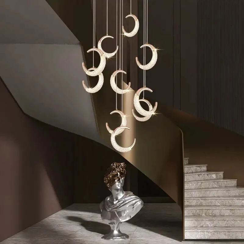 

Luxury Design Long Led Chandelier For Staircase Modern Moon Gold Living Room Lobby Hang Light Fixture Home Decor Crystal Lamp