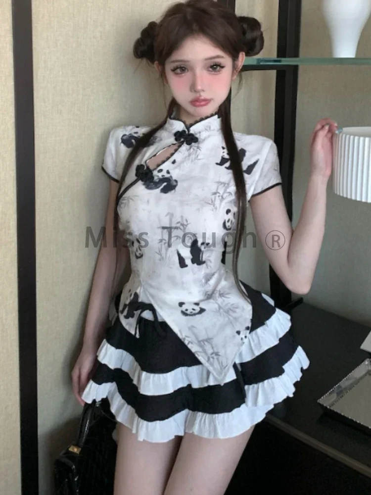 Fashion Vintage Slim Short Sleeve 3 Piece Set Women Kawaii Sweet Print Skinny Thin Tops Female + High Waist Ruffle Short Skirt