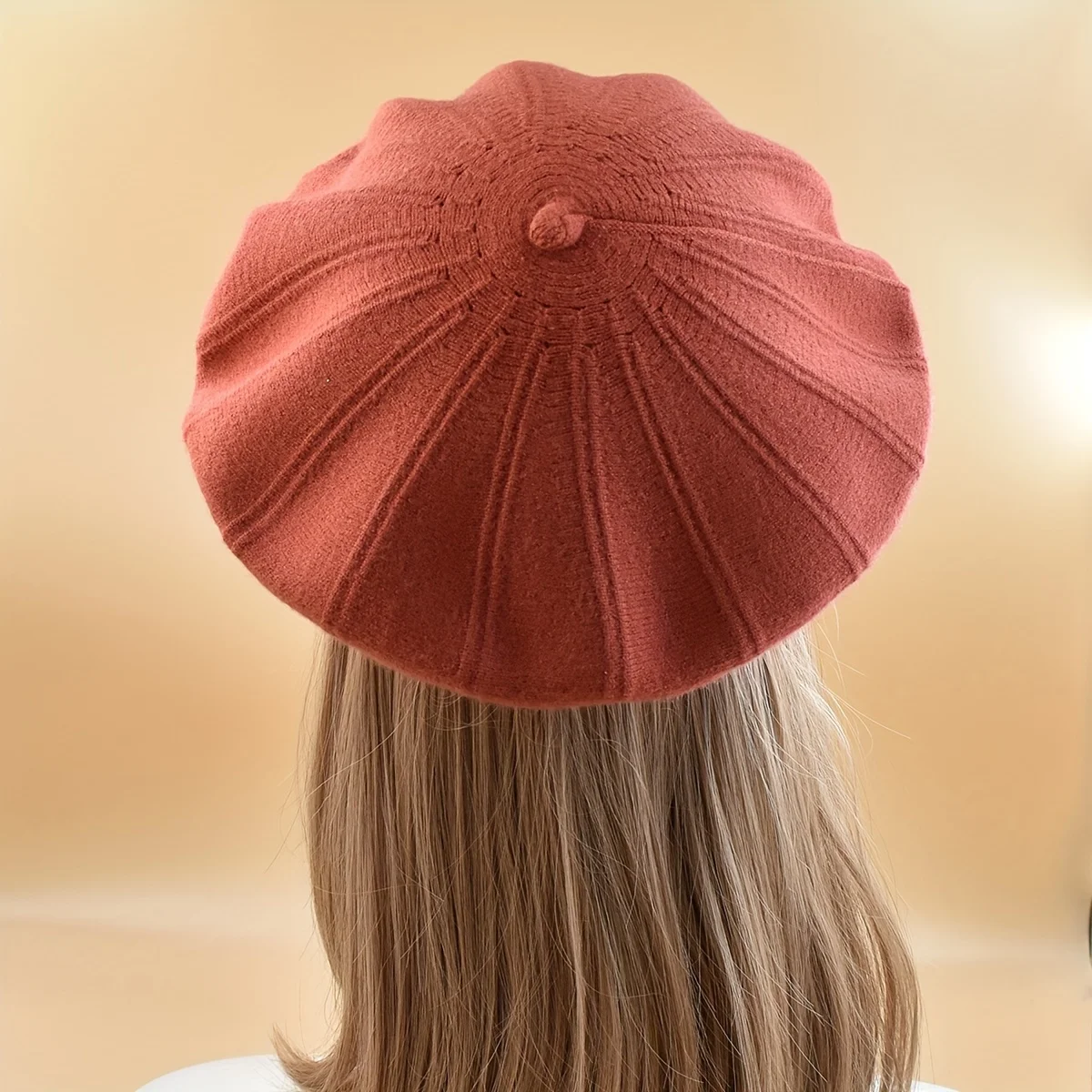 Women\'s Winter Knit Beret Hat Rabbit Hair French Warm Casual Beanie Hat Apricot Robyn Angora Knit Beret with Fur Pom Pom in Rose  main image 3
