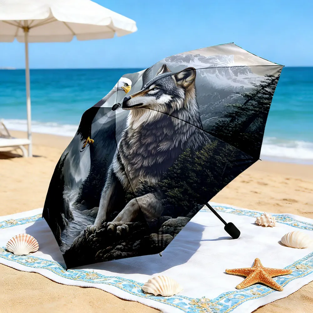 1PC Nature-themed umbrella with wolf and eagle in a bold design Print 8 Iron Ribs Folding Umbrella Auto-Open Fashion Sunshade