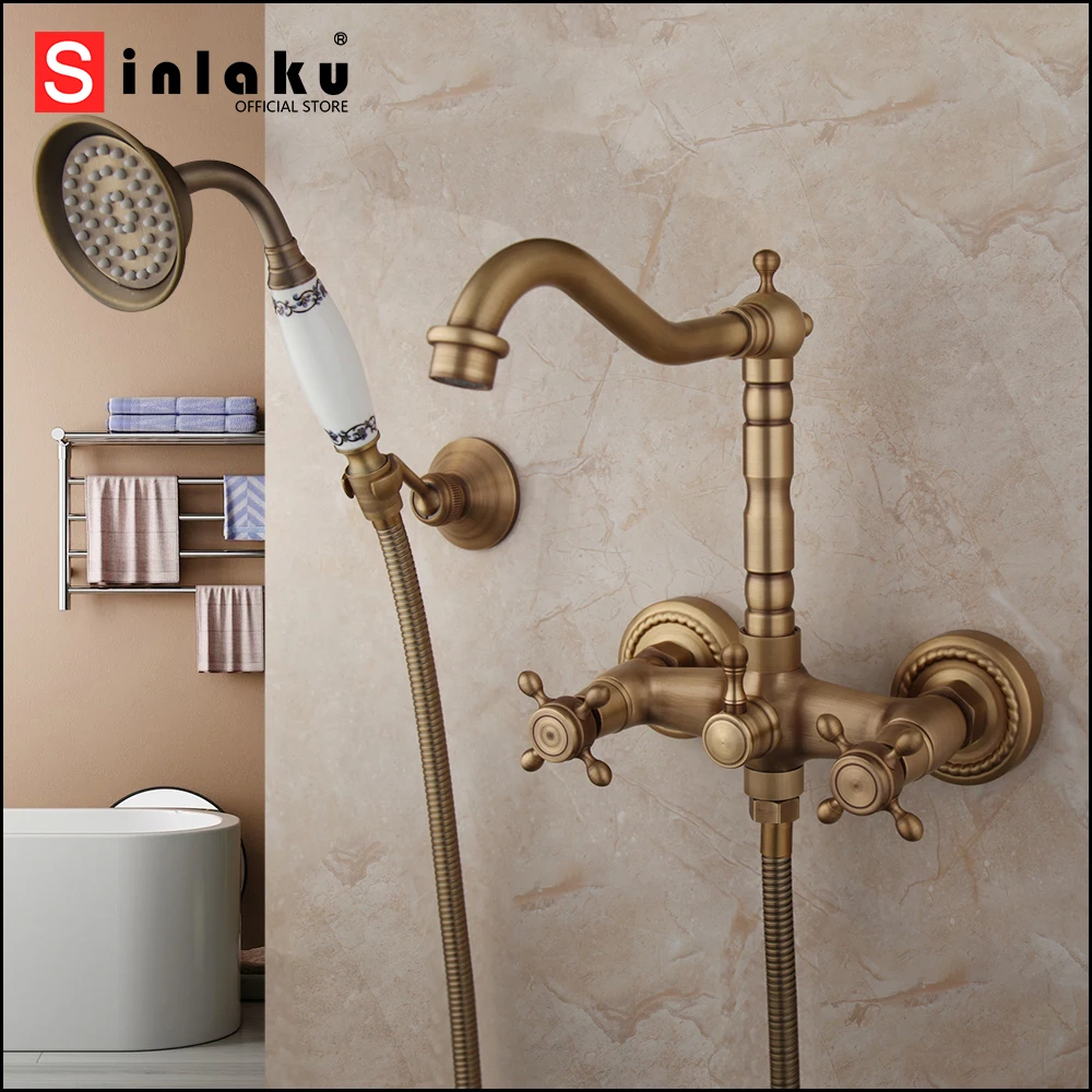 

SINLAKU Antique Brass Wall Mounted Bathroom Bathtub Shower Faucet Set Dual Handles Holes With Shower Hand Rainfall Stream Mixer