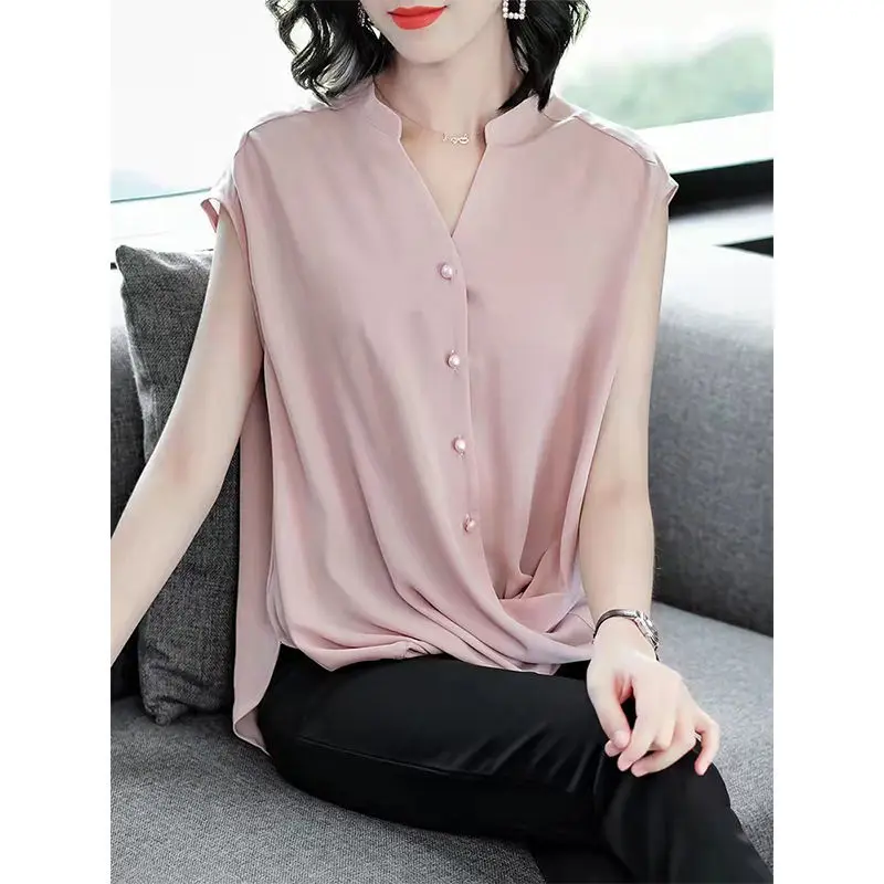 Fashion V-Neck Button Irregular Oversized Chiffon Shirt Loose Office Lady Tops Spring and Summer Elegant Women\'s Clothing Blouse