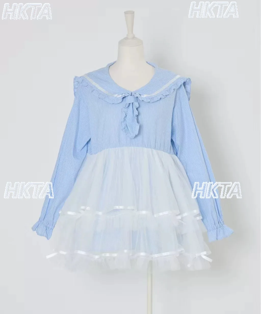 Dulce vestido camisero de manga larga con cuello azul marino, Vestido corto hinchado con pastel para mujer, vestido de encaje plisado de cintura alta Kawaii Lolita para mujer