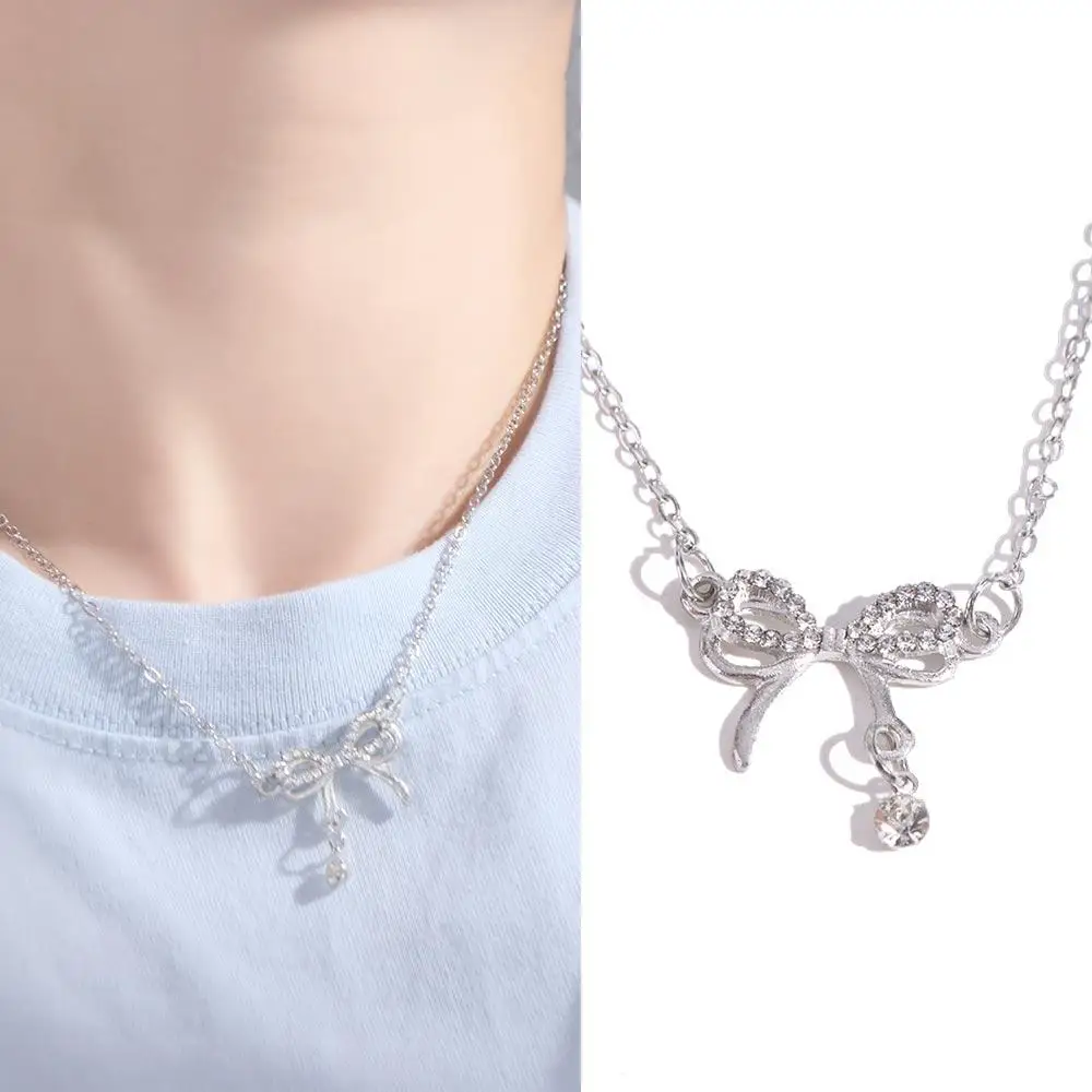 Clavicle Chain Silver Bowknot Necklace Love Heart Pendant Jewelry Accessories Bow Necklace Pendant Rhinestone Alloy