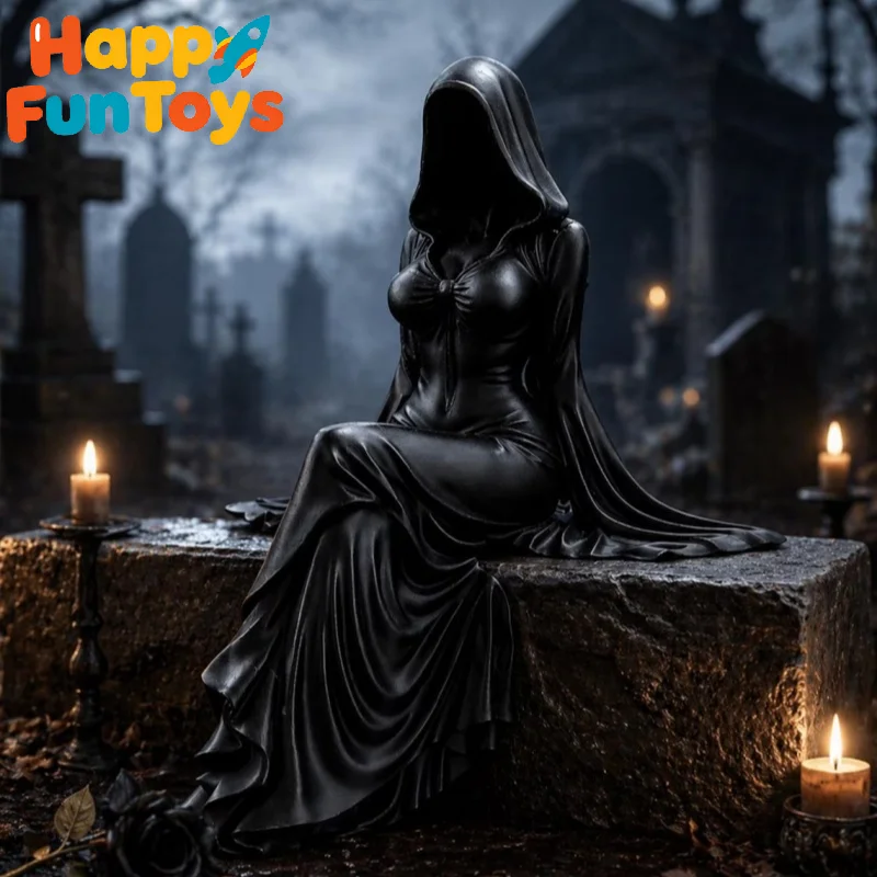 3D Mysterious Statue Black Robe Gothic Black Robe Queen Figure Gothic Style Sitting Pose Handmade Figure Bookshelf Sculpture