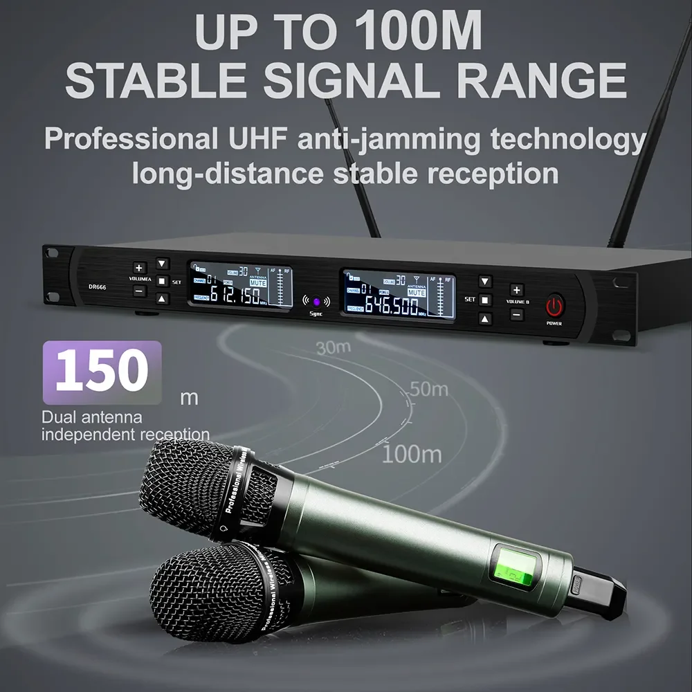 DR666 Professional Portable Handheld Dynamic Metal UHF Wireless Microphone System Noise Cancelling LED Lights for Singing