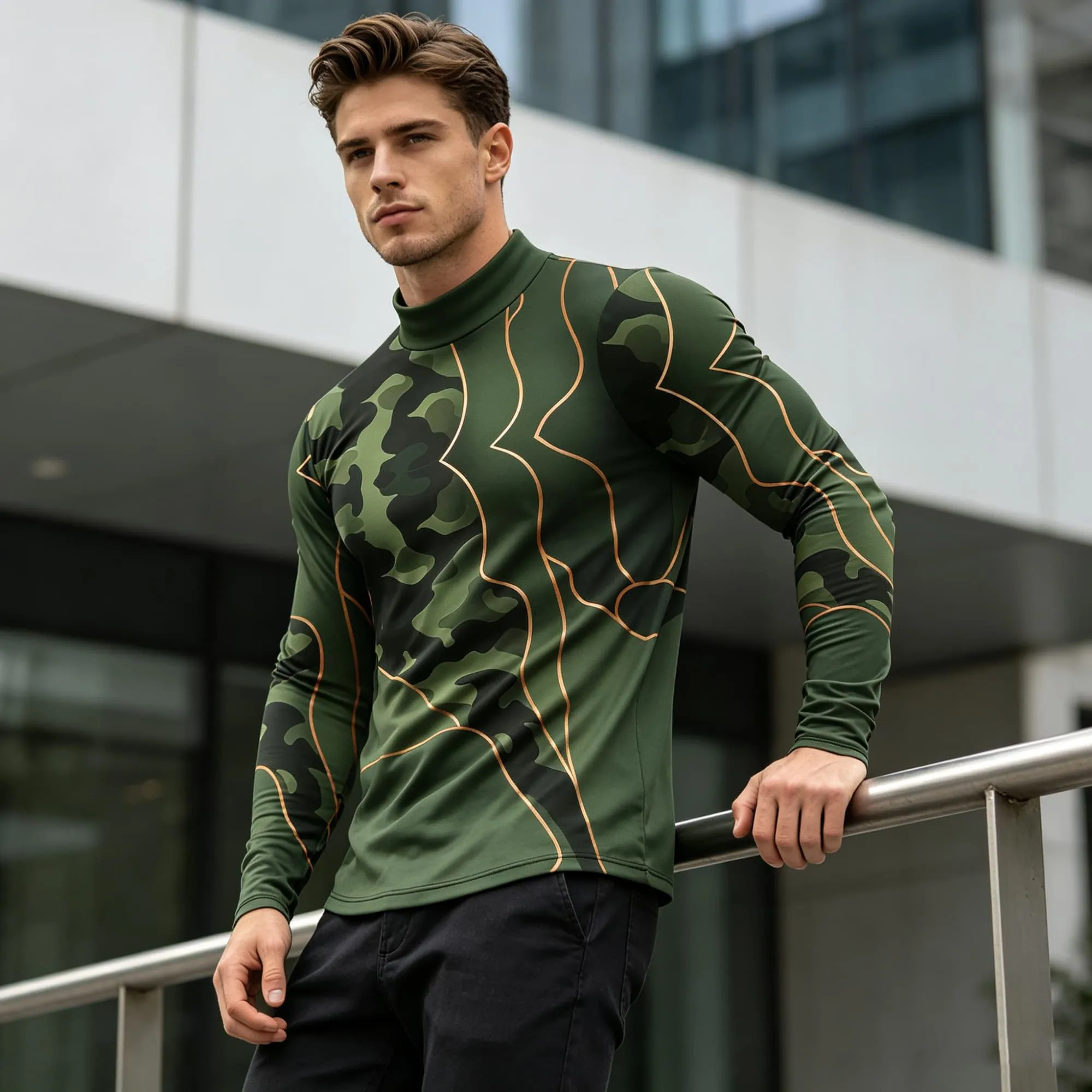 Tactical Outdoor Men Long Sleeve T‑Shirt Camo Topographic Map Line Print Mock Neck Quick Dry Hiking Hunting Sport Jersey