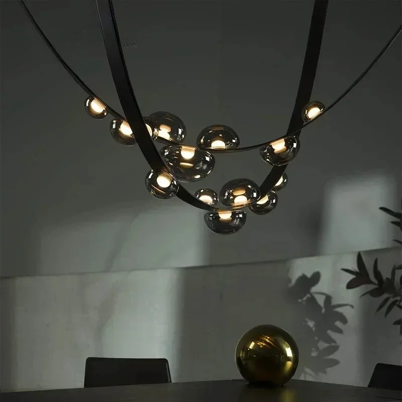 Modern Minimalist Living Room Belt Ceiling Chandelier Creative Villa Restaurant Bar Designer Leather Home Decorative Lights