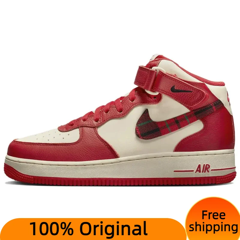 Nike Air Force 1 Mid '07 LX Plaid Cream Red Sneakers shoes With Original Box