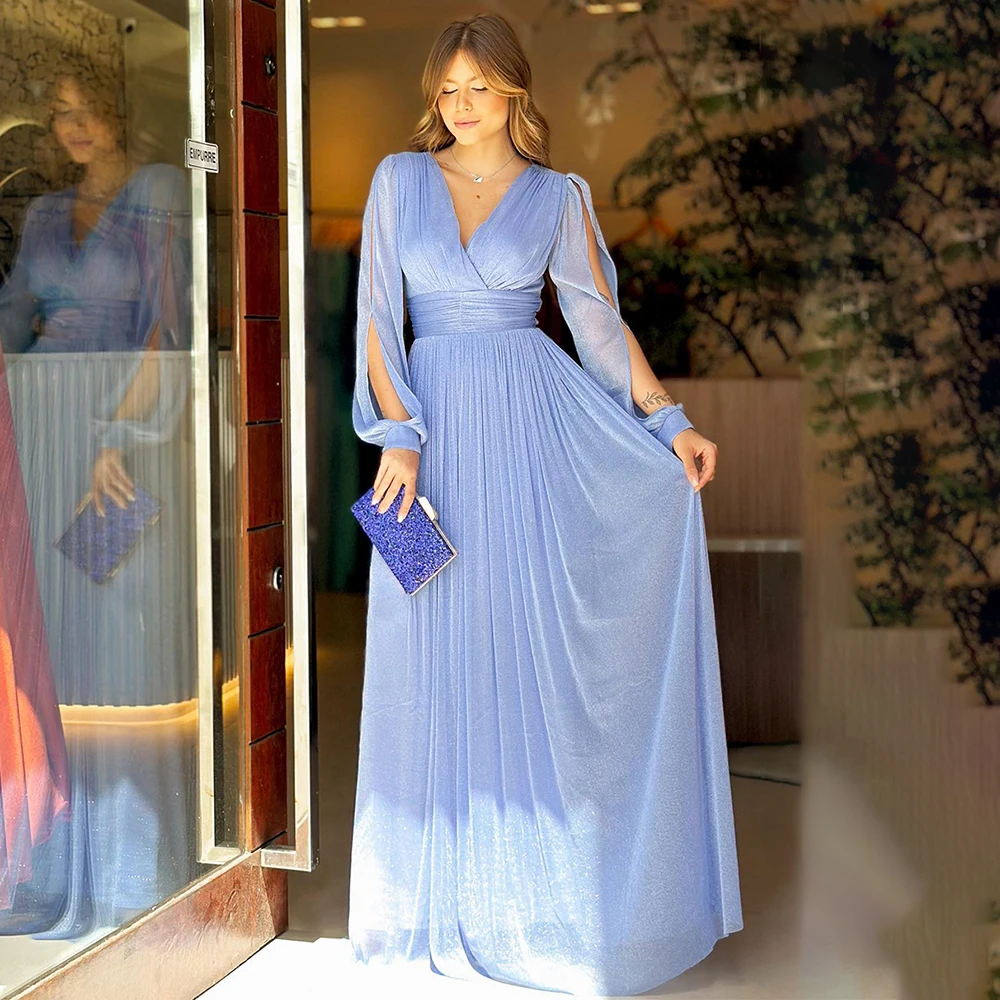 

Dreamy Long Sleeve V Neck Evening Dressses for Women Illusion Sexy Prom Gown Pleat Maxi Dress فساتين السهرة 2023 جديده