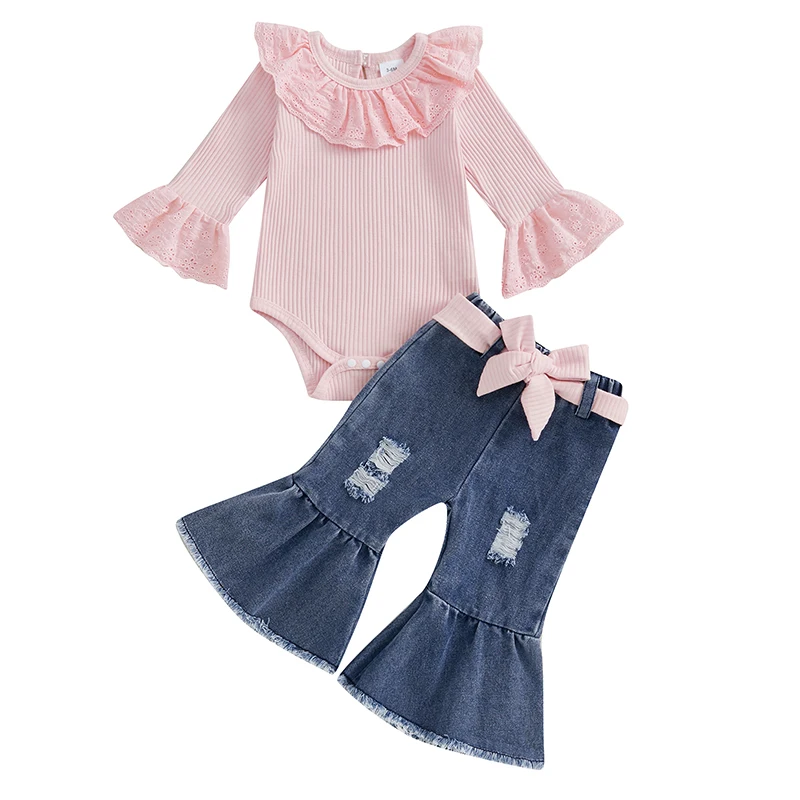 Baby Girls 2 Piece Outfits Ruffle Long Sleeves Romper and Ripped Denim Flare Pants Toddler Fall Clothes