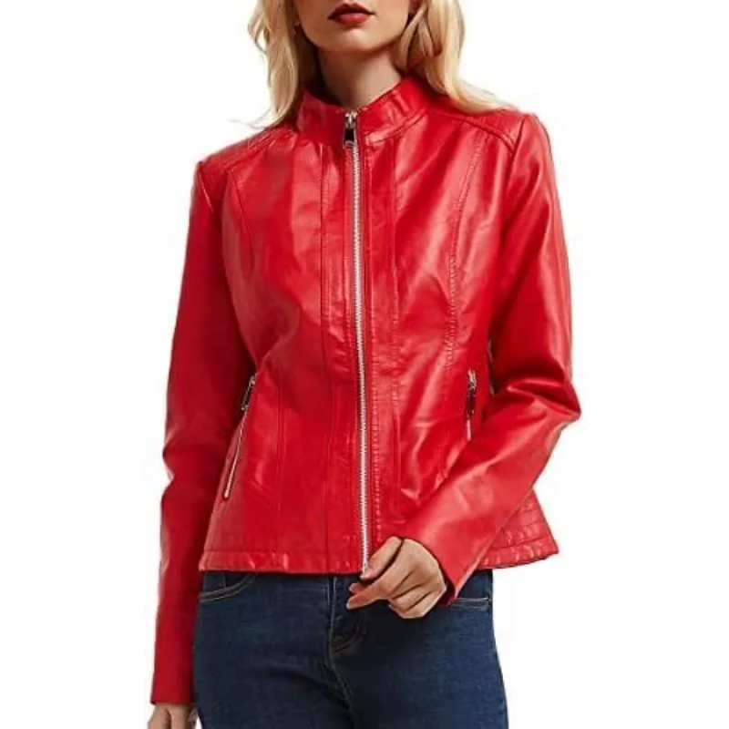 

Red Leather Jacket Women's 100% Authentic Lambskin Silver Front Zip Casual