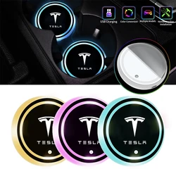 LED Light USB Rechargeable Car 7 Color-Changing Coasters Water Cup Holder Pads For Tesla Model 3 Model S Model Y Roadster SpaceX
