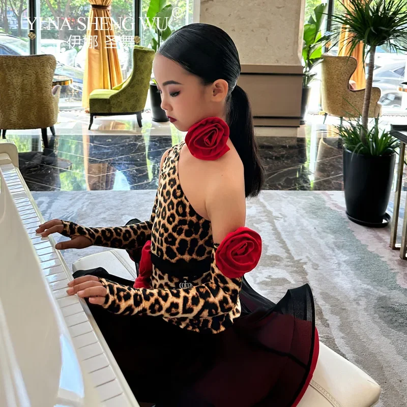 

Girls Kids Latin Dance Dress Leopard Print Split Set Professional Ballroom Cha Cha Salsa Performance Competition Costume