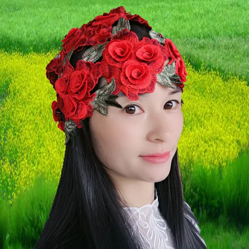 

Вязаная трехмерная шапка с вышивкой из хлопчатобумажной нити в этническом стиле, модная универсальная сумка с большим цветком и полостью