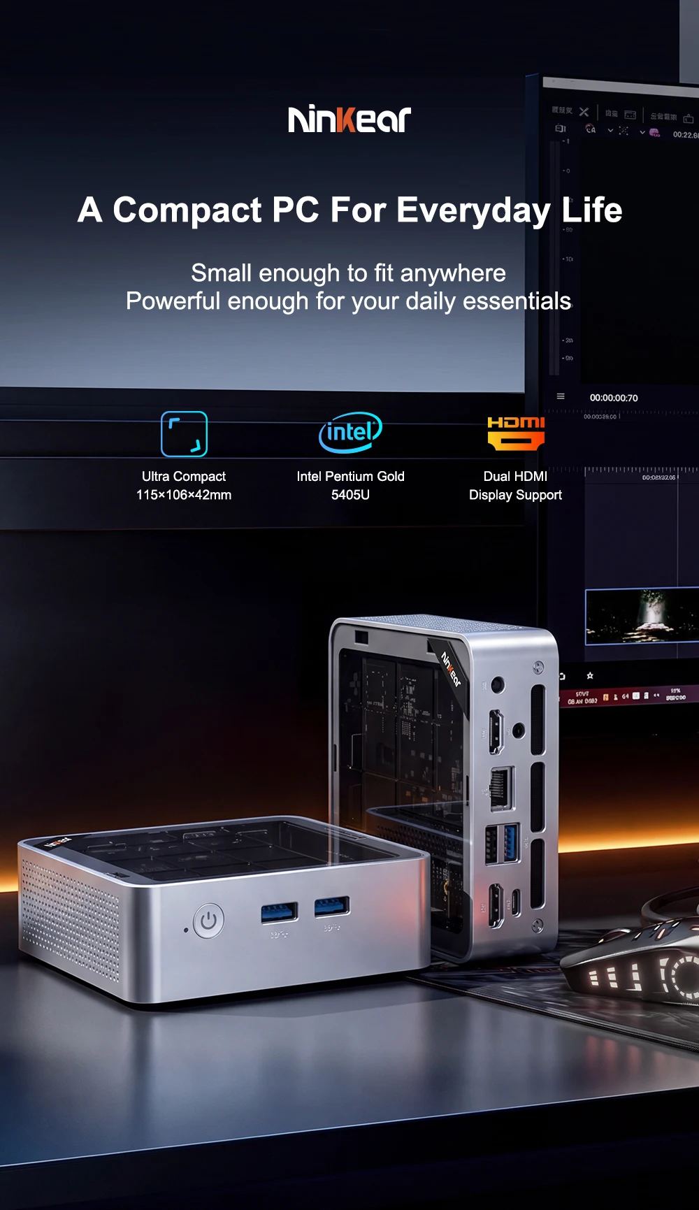 Ninkear M5 Neo Mini PC with Dual HDMI, Gigabit Ethernet, WiFi 5, Bluetooth 5.0 and USB 3.2, Intel Pentium Gold 5405U Processor, 8GB RAM, 256GB SSD, Windows 11, Compact Desktop Computer for Everyday Office Work