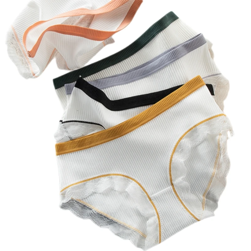 Comfortable Threaded Cotton Women's Panties with Lace Edge Contrasting Waistband Antibacterial Crotch Briefs