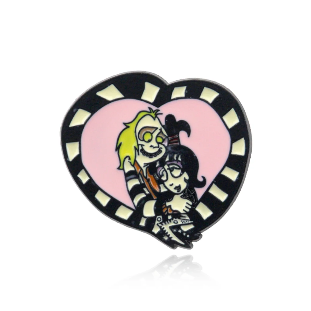 Beetlejuice And Lydia Deetz Brooch Horror Movies Enamel Pins Metal Collect Lapel Badges Backpack Fashion Halloween Jewelry Gifts