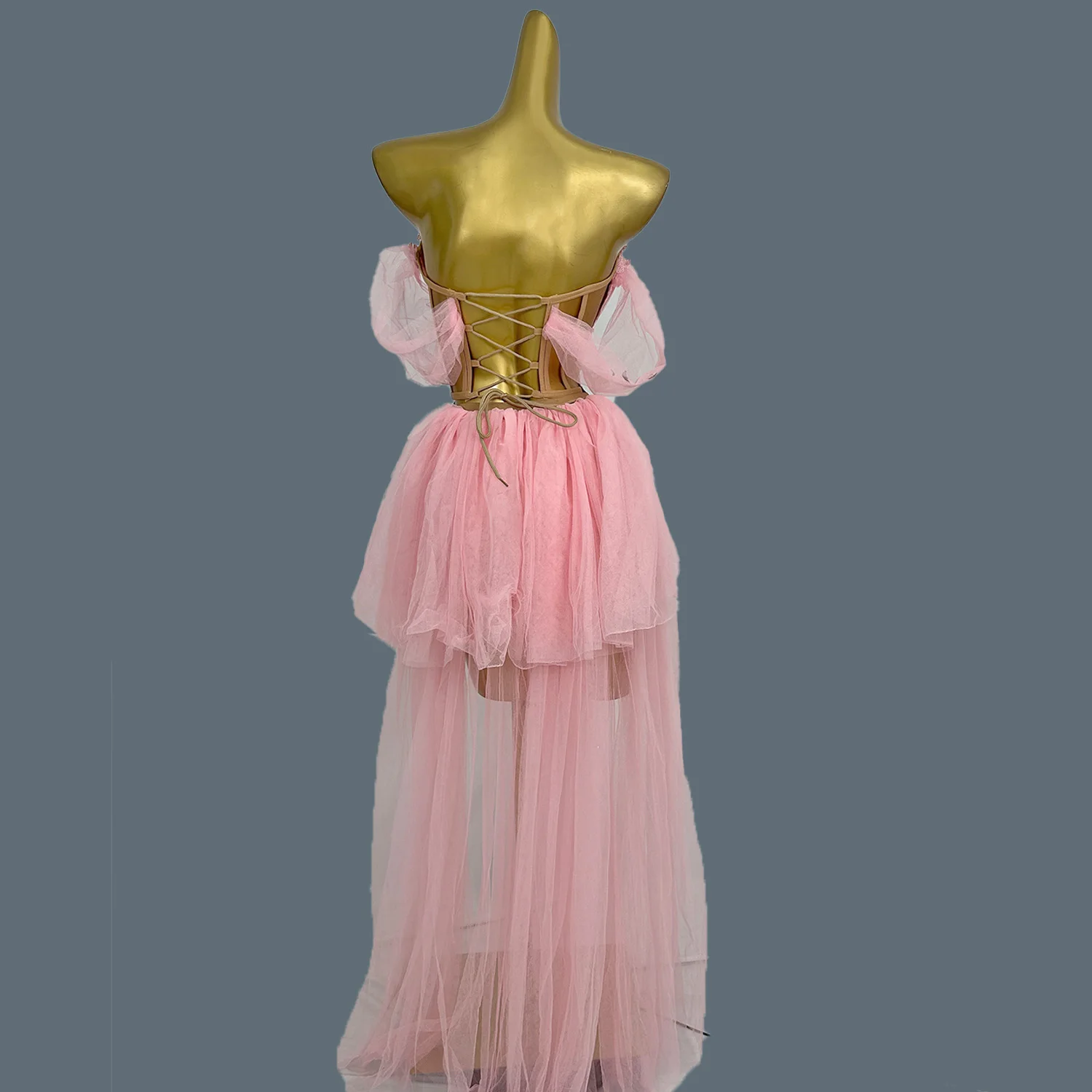 Women Sexy Gauze Pleated Long Tail Short Evening Dress Birthday Party Celebrate Outfit Crop Tops Long Skirt 2Pieces Set Shenxian