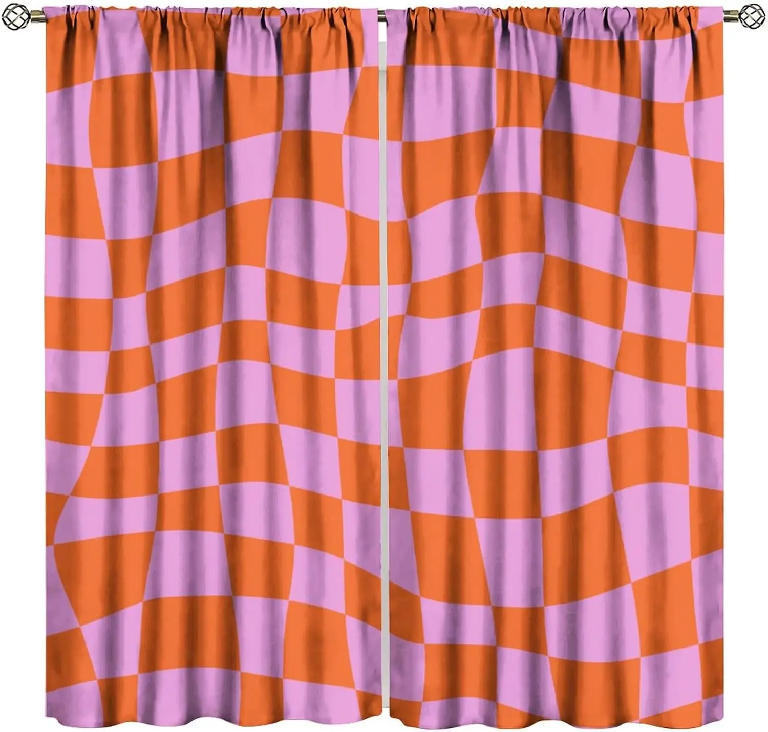 Retro Groovy Curtain Irregular Wavy Pink Orange Check Square Vintage Distorted Grid Print Light Blocking Drape For Villa Cafe