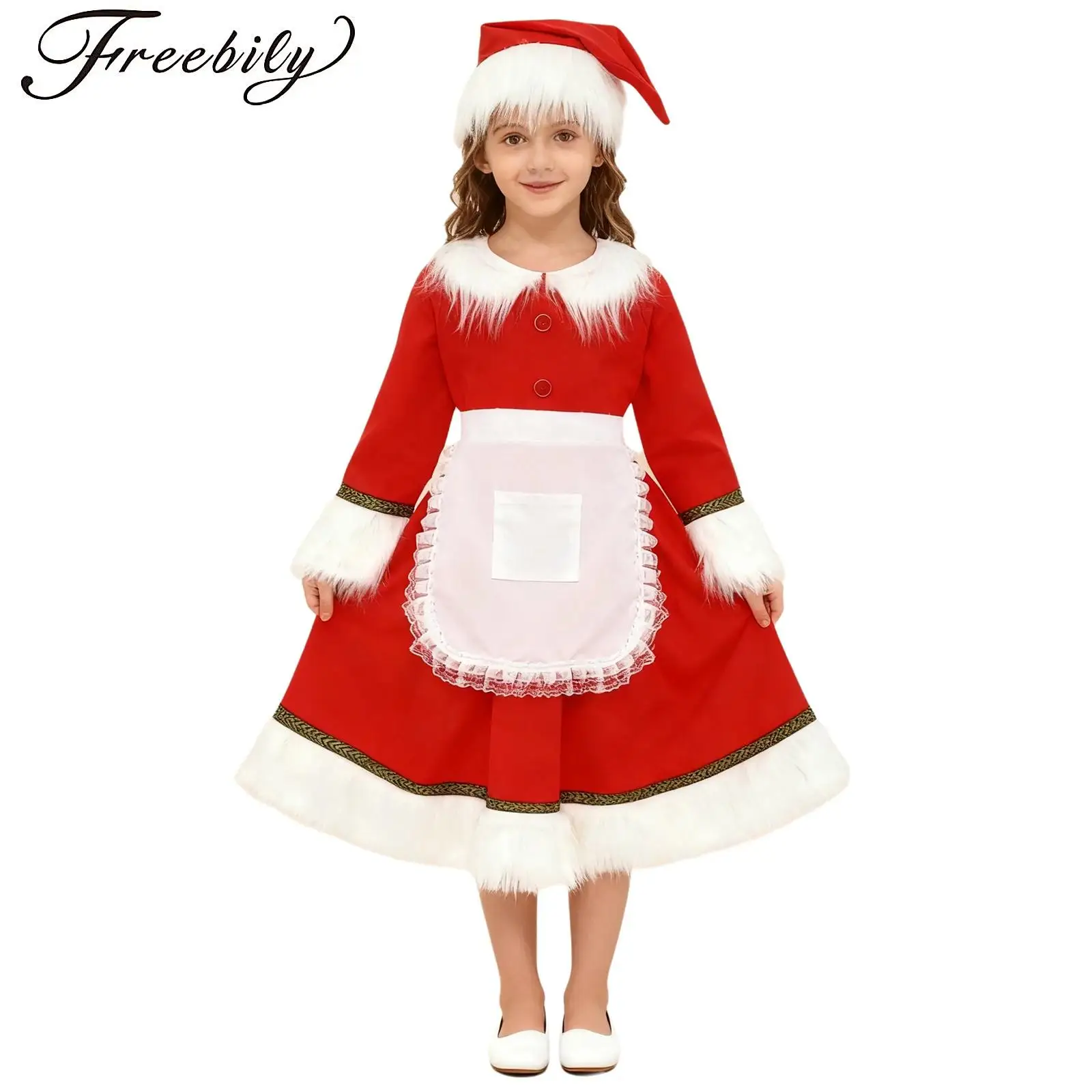 أطفال بنات سانتا كلوز زي عيد الميلاد تأثيري فستان البدلة كم طويل زر تكدرت فستان أحمر مخملي مع قبعة المئزر وتتسابق #1