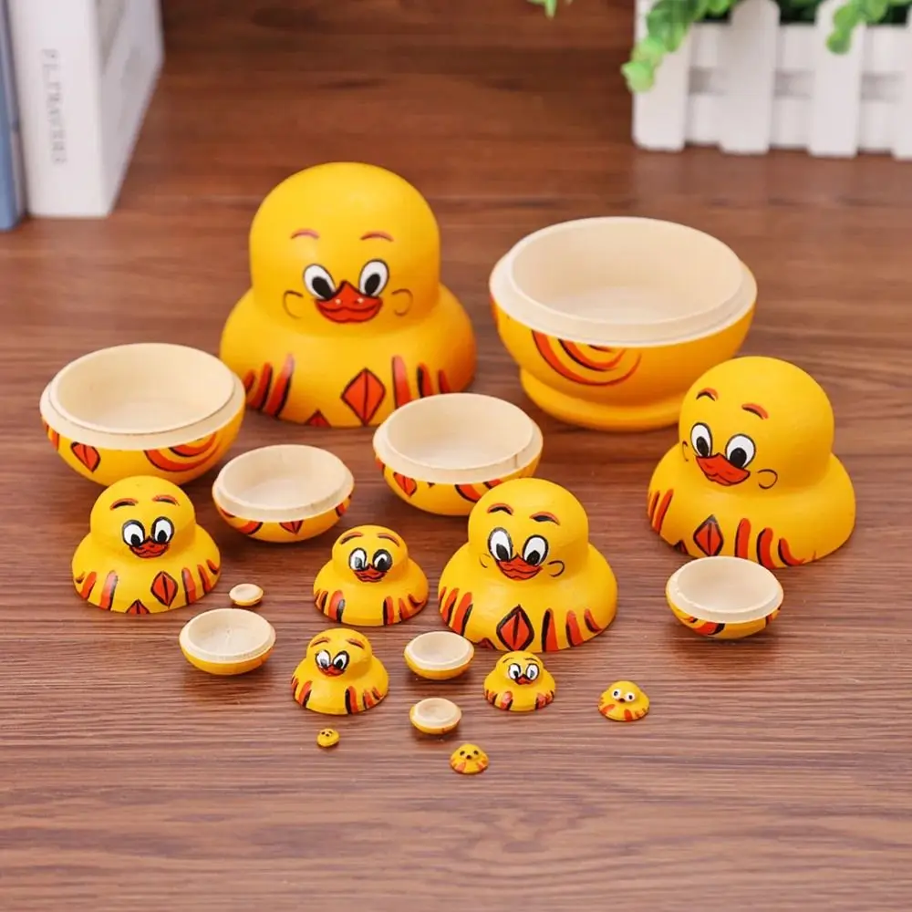 Decorations 10 Layer Nesting Wooden Yellow Duck Matryoshka Animals Pattern Handmade Stacking Chidrens Gift