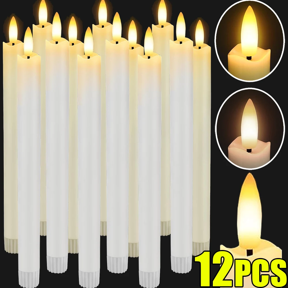 

1-12Pcs LED Flameless Taper Candles Flickering 3D Long-pole Wick Light Battery Operated Dinner Birthday Wedding Christmas Decor