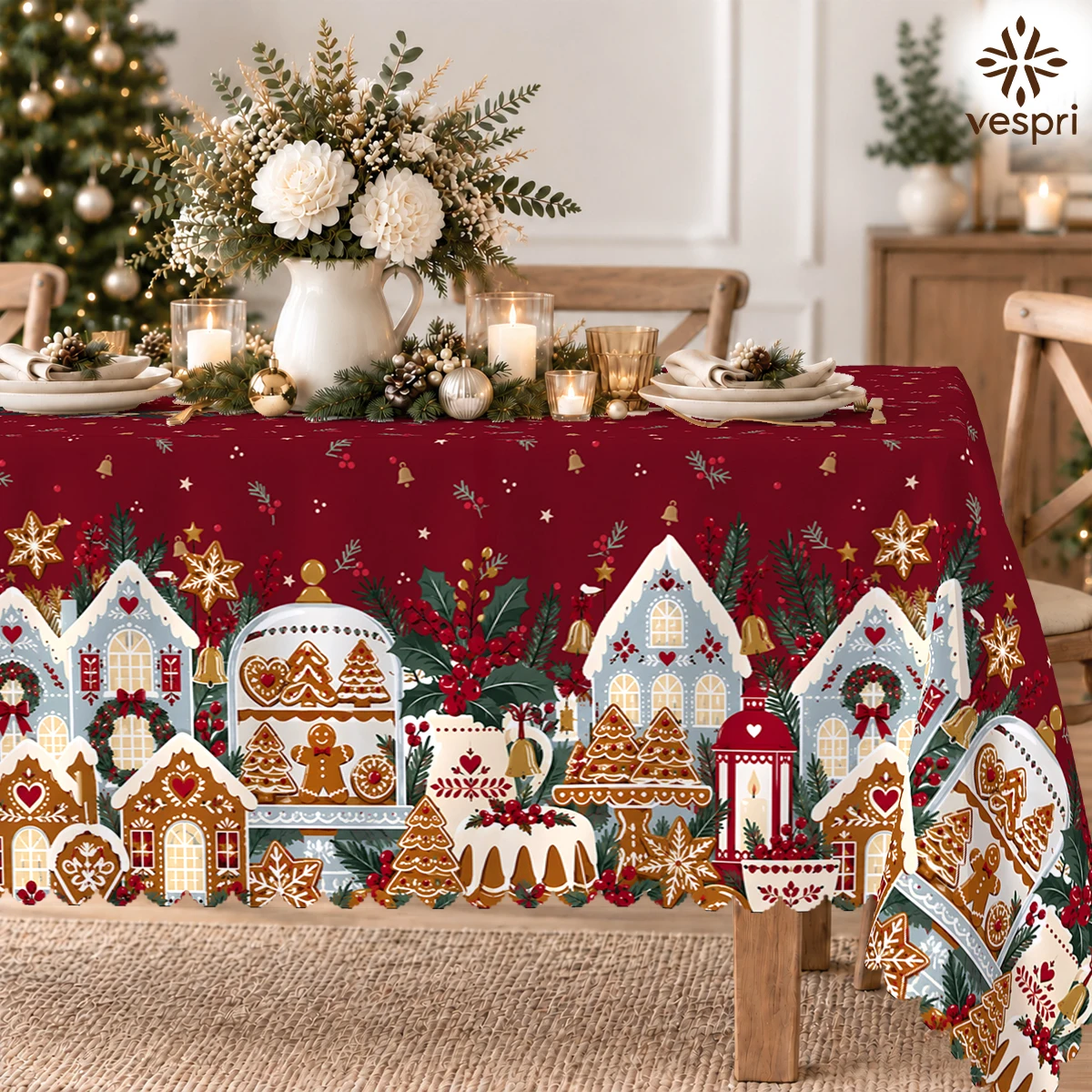 Traditional Christmas Tablecloth with Angels & Ballerinas for Indoor/Outdoor Camping decor, Rectangular/Round/Oval