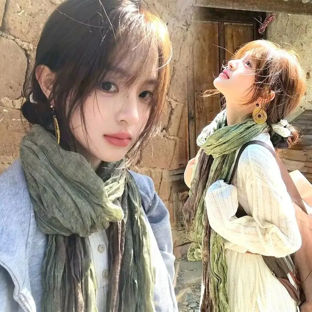 Bohemian Style Scarf Women Pleated Linen Texture Shawl Retro Gradient Wrap Lightweight Breathable Fashion Neck Accessory