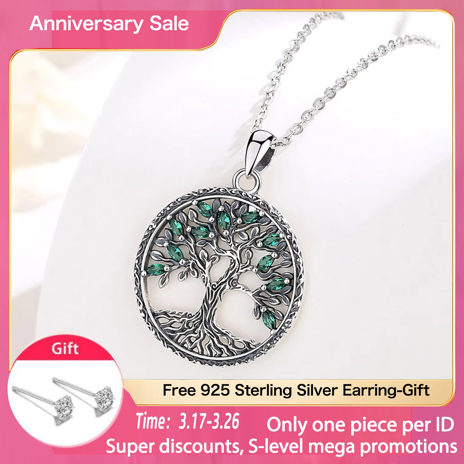 Eudora 925 Sterling Silver Tree of Life Necklace for Women Green Zircon Yggdrasil Pendant Tree Jewelry Gift for Mom and Grandma