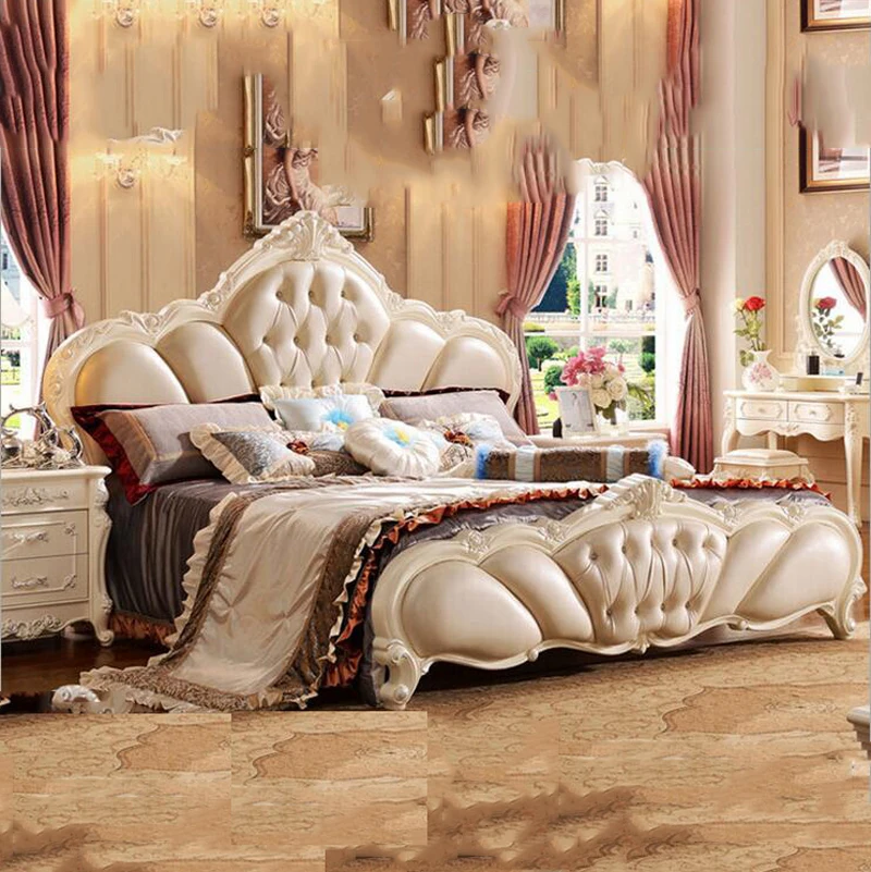 

modern european solid wood bed 2 people Fashion Carved leather french bedroom furniture 10306