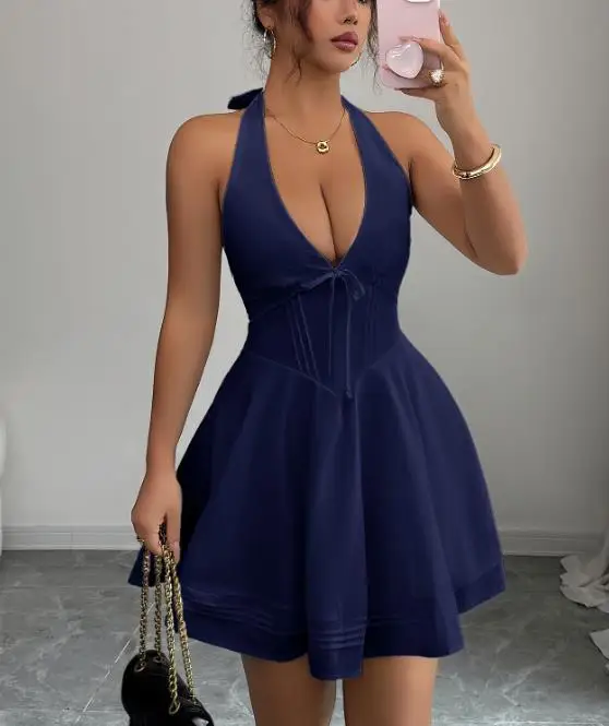 

Women's Dress Summer New Elegant and Sexy Style Solid Color Simple Deep V-Neck Line Splicing Backless Hanging Neck Dress