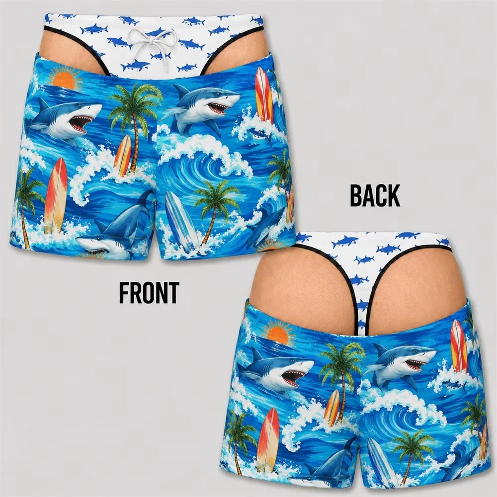 Herren-Badehose mit ausgefallenem Schnitt, 3D-Druck, tropischer Sonnenuntergang, Ozean-Tiermuster, elastischer Kordelzug, Sommer-Strandparty-Shorts – Detail 12