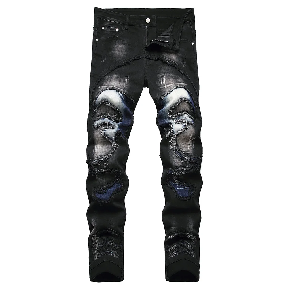 

Men Patch Patchwork Stretch Denim Jeans Streetwear Ripped Slim Straight Pants Fringe Distressed Trousers Black Blue