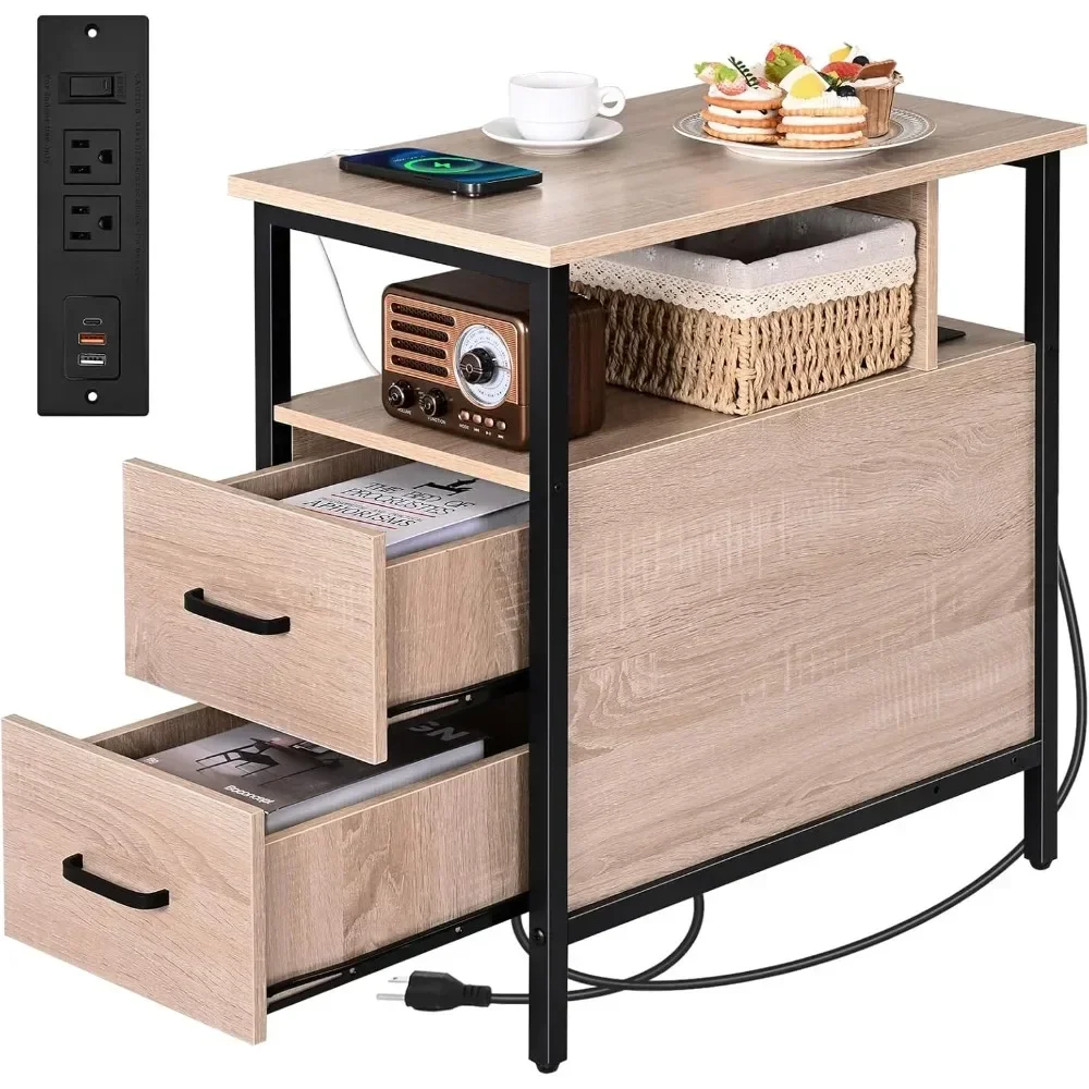 For for Side Tables with Charging Station, Narrow End Table with 2 Wooden Drawers, USB Ports and Power Outlets, Narrow Nightstan