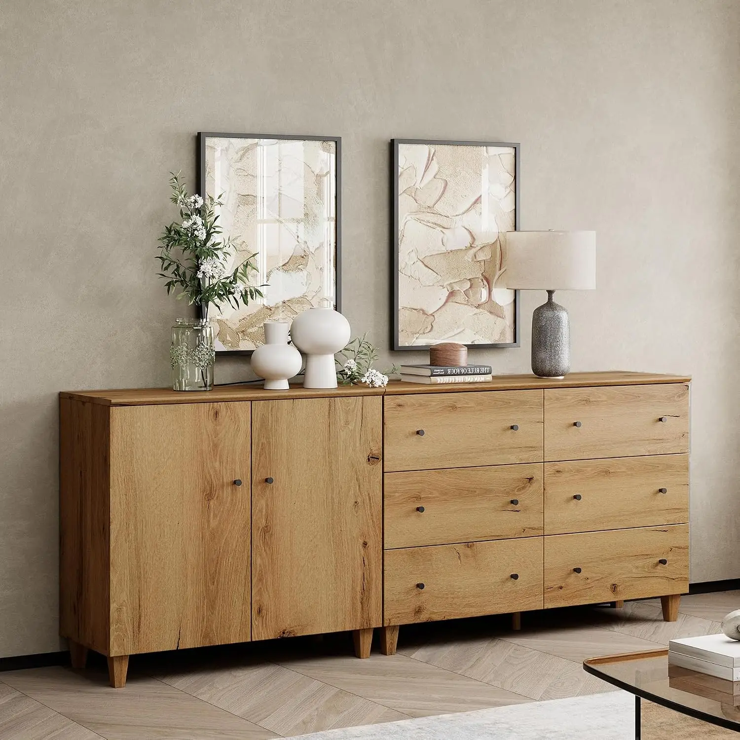 85+ Inch TV Stand, 2-in-1 Wood Console With 2 Doors & 6 Drawers, Entertainment Center Storage, Oak, Customized
