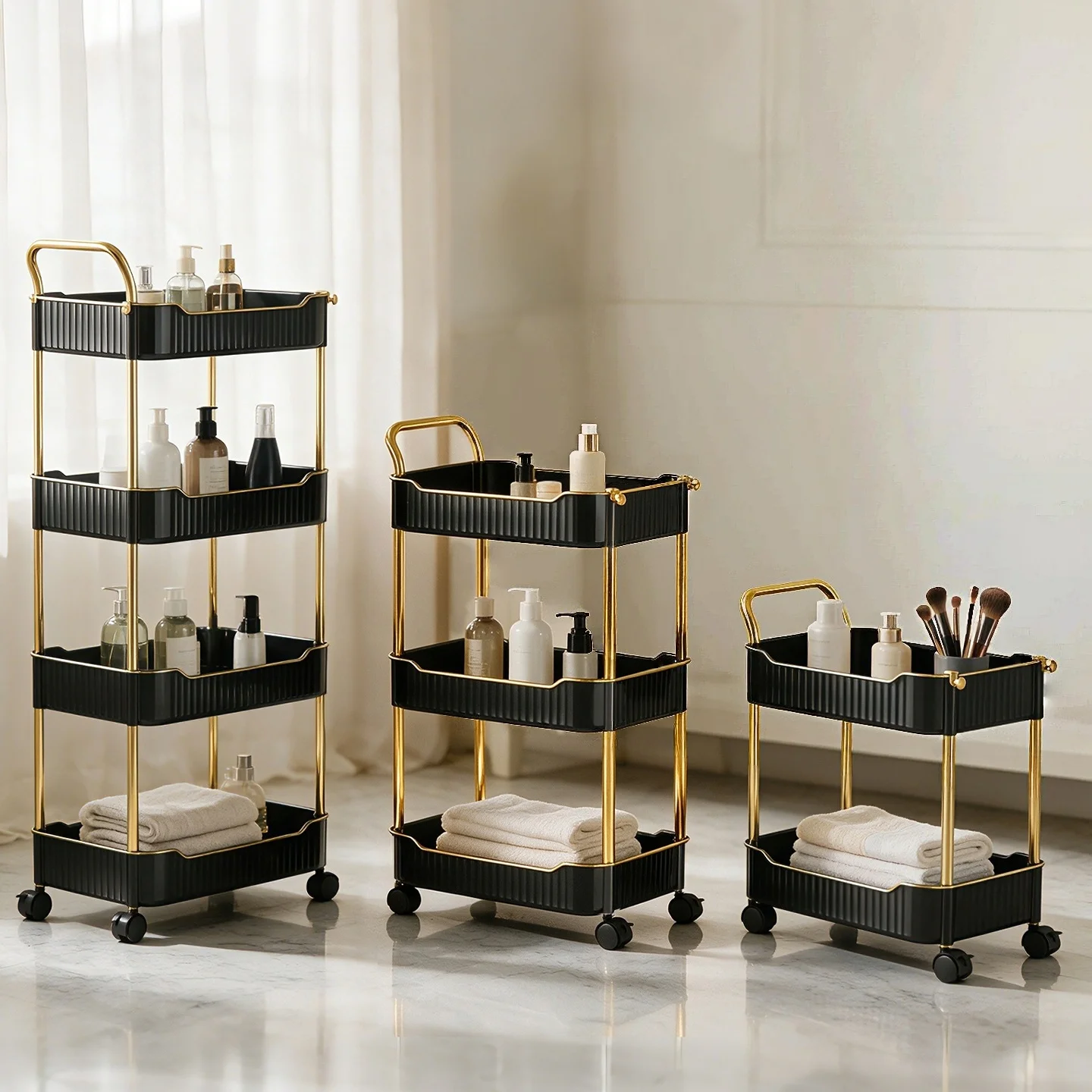 Storage rack - Home use, floor-standing, movable trolley, multi-level storage rack for bathroom and toiletries.